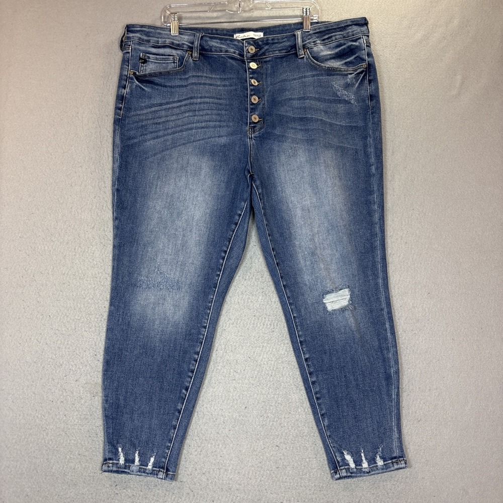 Kancan High Rise Distressed Cropped Jean Medium Wash Button Fly Size 22